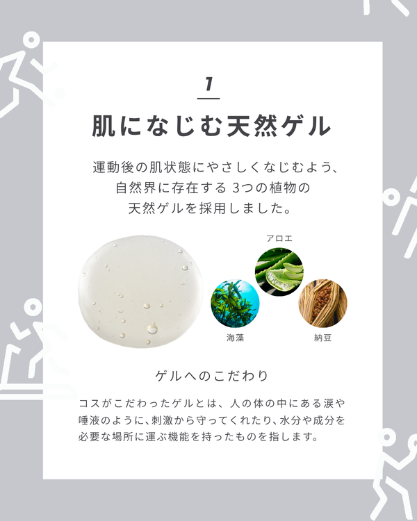 1 ゲルへのこだわり 運動後の肌状態にやさしくなじむよう、自然界に存在する3つの植物の天然ゲルを採用しました。アロエ 海藻 納豆 肌になじむ天然ゲル コスがこだわったゲルとは、人の体の中にある涙や唾液のように、刺激から守ってくれたり、水分や成分を必要な場所に運ぶ機能を持ったものを指します。
