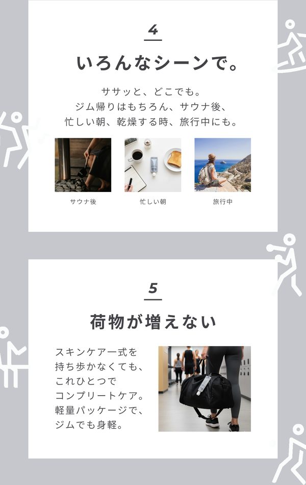 4 いろんなシーンで。ササッと、どこでも。ジム帰りはもちろん、サウナ後、忙しい朝、乾燥が気になるとき、旅行中にも。サウナ後 忙しい朝 旅行中 5 荷物が増えない スキンケア一式を持ち歩かなくても、これひとつでコンプリートケア。軽量パッケージで、ジムでも身軽。