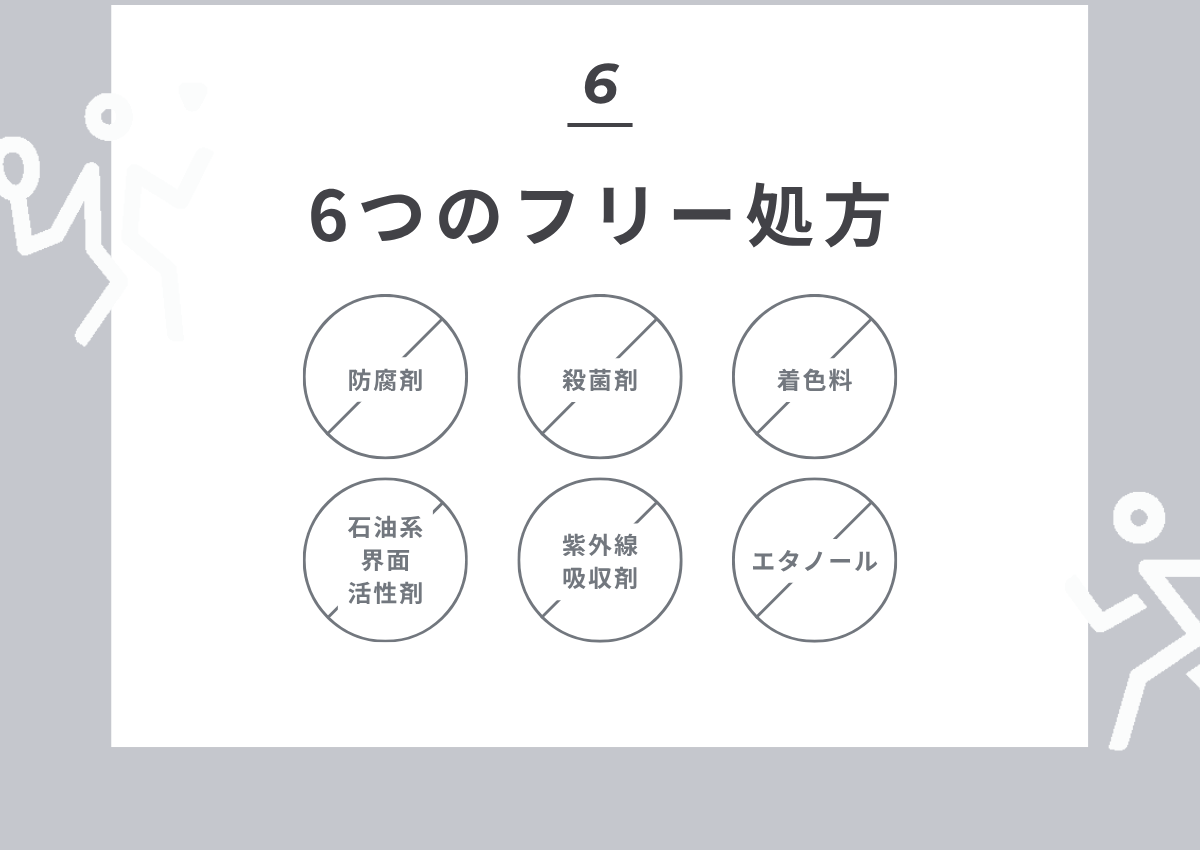 6 6つのフリー処方 防腐剤不使用 殺菌剤不使用 着色料不使用 石油系界面活性剤不使用 紫外線吸収剤不使用 エタノール不使用